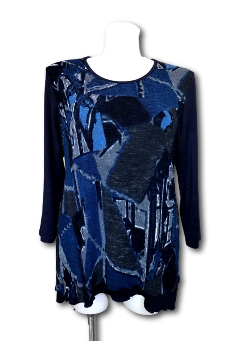 Peel Away My Layers Mesh Overlay Top in Blue Geometric