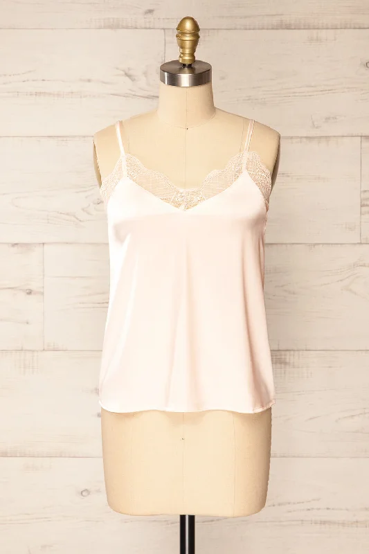 Guarenas | Pink Satin Cami Top w/ Lace Trim