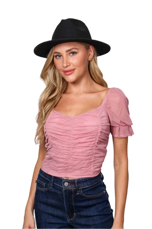 Women's Puff Sleeve Overall Ruched Mesh Top