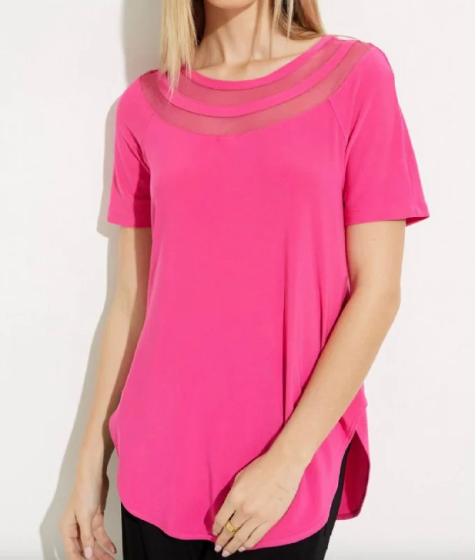 Jr Short Sleeve Top With Mesh Details In Dazzle Pink