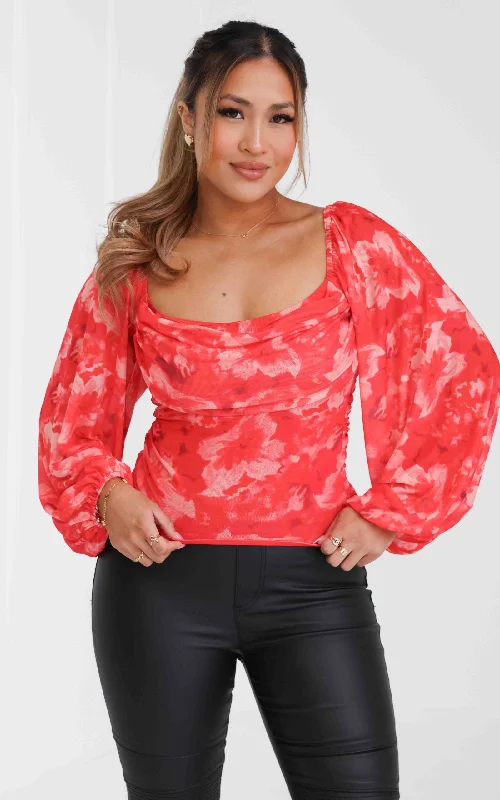 Terrace Mesh Top - Red Floral