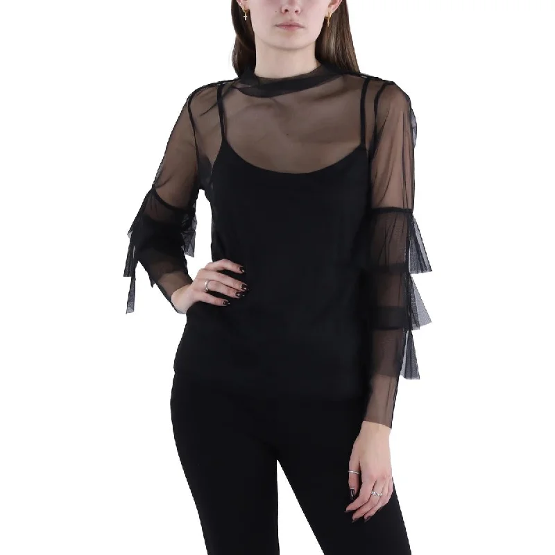 Womens Mesh Mock Neck Blouse