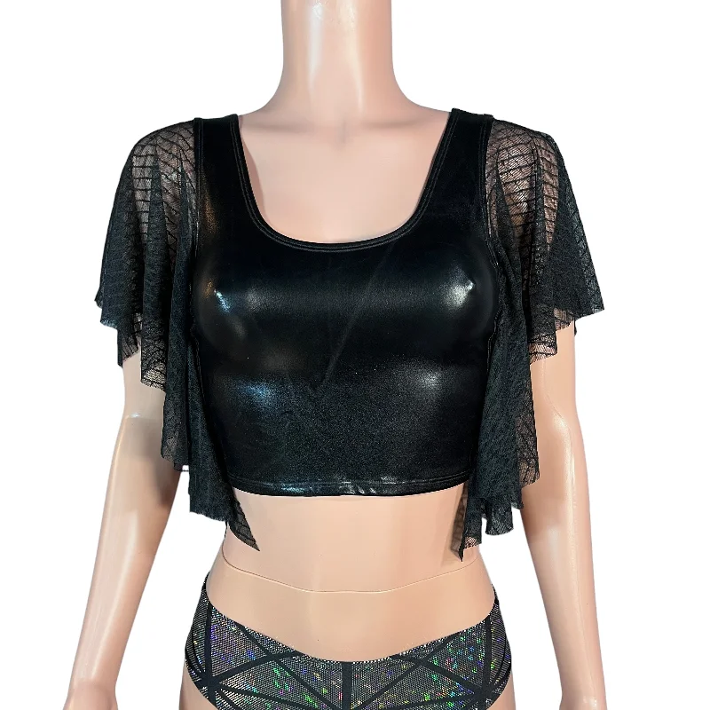 Flutter Sleeve Top Black Metallic | Mesh Sleeve Ruffle Shirt